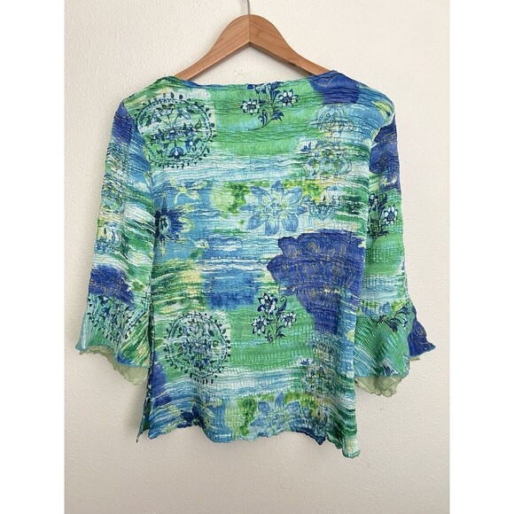 VTG Blue Green Floral Bell Sleeve Blouse Beaded Fairy Whimsical Earthy Moss Art - Picture 5 of 7